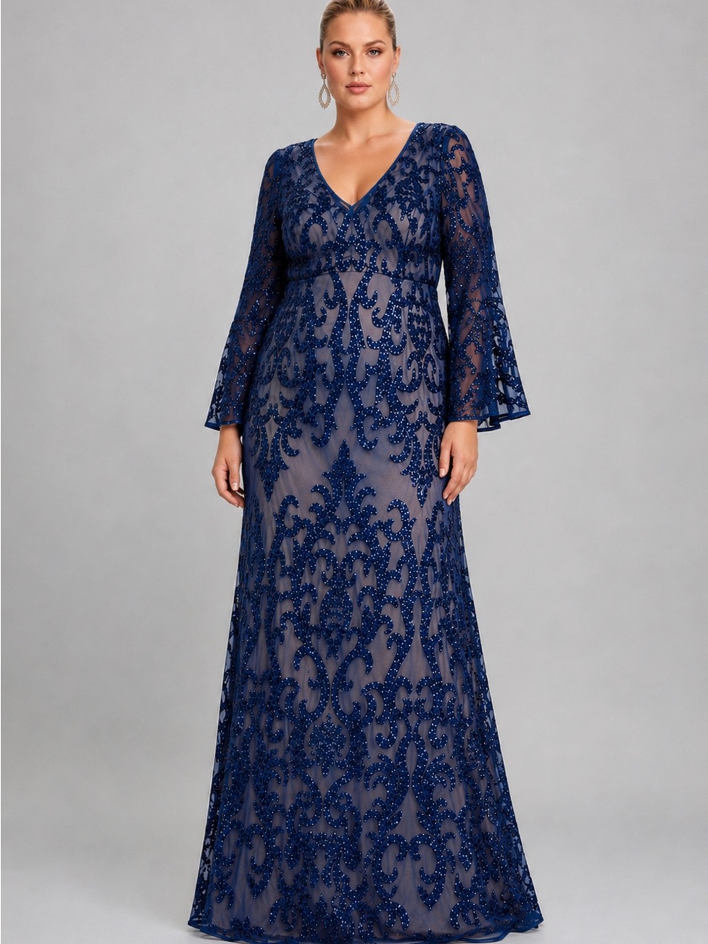NWT R&M Richard’s Contrast Sequin Bell Sleeve Gown 16W